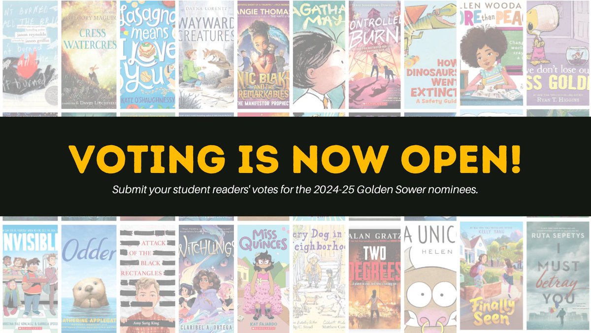 GoldenSowerNLA's tweet image. Hooray, hooray! Voting is now open for the 2024-25 Golden Sower nominees 📚
Check out our voting guidelines and cast your votes by April 15, 2025 at nebraskalibraries.org/2024_25_Voting