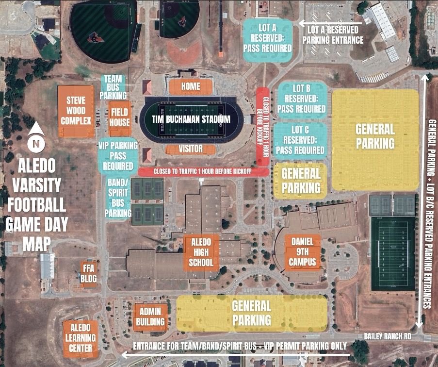 TICKET INFORMATION: All tickets for Aledo ISD athletics events can be purchased online only through the
HomeTown Ticketing app or website at aledoisdathletics.com/HTtickets. General Admission visitor tickets go on sale at 1 p.m. on the Tuesday before the game.