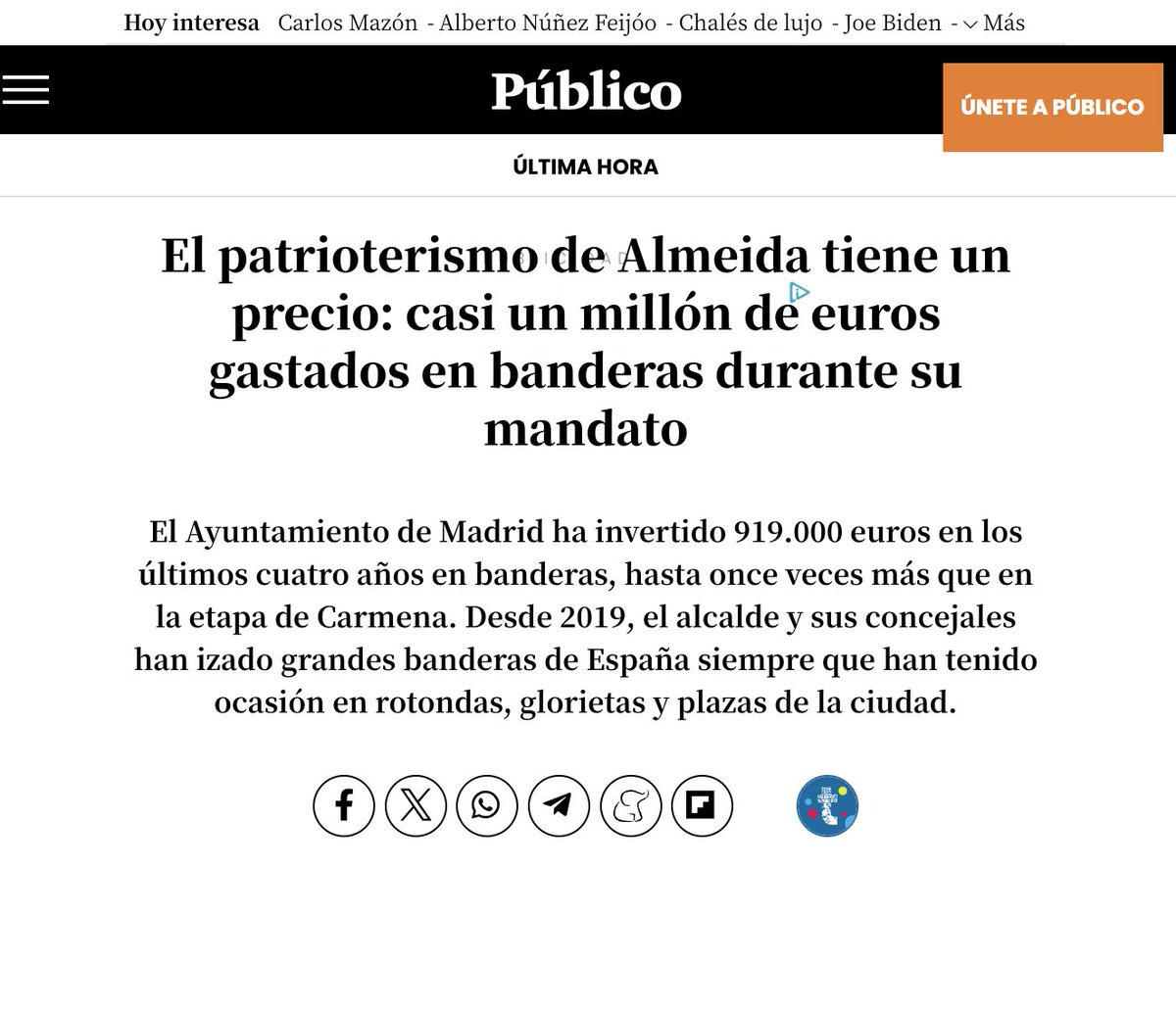 La que faltaba pal duro, presupuestos ayto. Madrid 2025: 

Almeida invertirá en carril bici 20 veces menos en 2025 (solo 50.000€) que la media de gasto anual en banderas (1.000.000€)