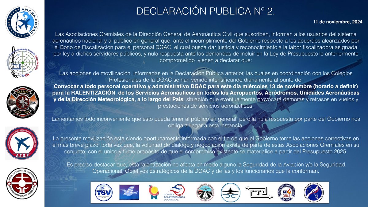 anefchile's tweet image. 📢Las Asociaciones de la Dirección General de Aeronáutica Civil (#ANFDGAC) anuncian una movilización para este miércoles 13 de noviembre, debido al incumplimiento del Gobierno respecto a los acuerdos alcanzados por el Bono de Fiscalización para el personal DGAC.
#ANEF #DGAC