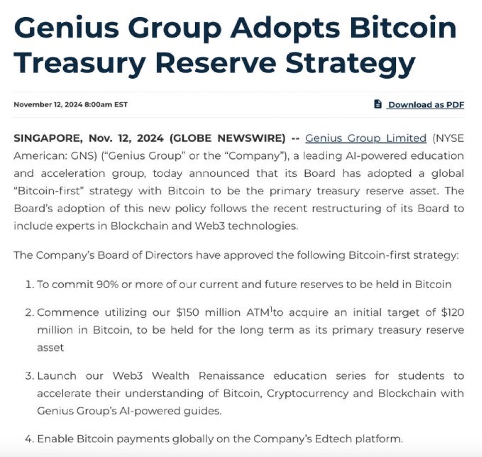AI company Genius Group adopts #Bitcoin as its primary treasury asset with  plans to purchase $120M in BTC. 