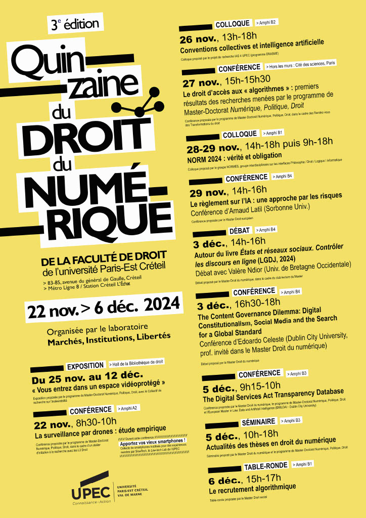 La troisième édition de la "Quinzaine du droit du numérique" de la faculté de droit de l'université Paris-Est Créteil se tiendra du 22 novembre au 6 décembre 2024.