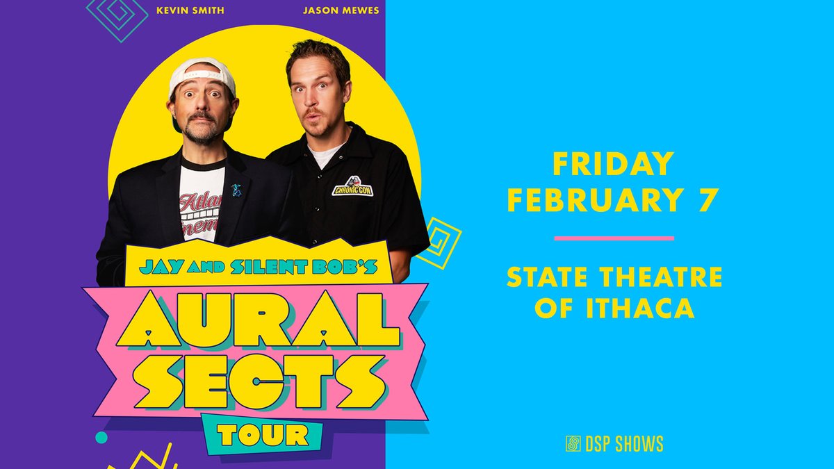 DSP Shows (@dspshows) on Twitter photo Just announced! Jay & Silent Bob (<a href="/JayMewes/">Jay Mewes</a> & <a href="/ThatKevinSmith/">KevinSmith</a>) Aural Sects Tour at <a href="/stateofithaca/">State Theatre Ithaca</a> on Friday, February 7th - join our NY email list by 12pm Wednesday for presale info: bit.ly/DSPnewsletter
Tickets go on sale to the public Friday at 10am: tixr.com/e/121594 Just announced! Jay & Silent Bob (<a href="/JayMewes/">Jay Mewes</a> & <a href="/ThatKevinSmith/">KevinSmith</a>) Aural Sects Tour at <a href="/stateofithaca/">State Theatre Ithaca</a> on Friday, February 7th - join our NY email list by 12pm Wednesday for presale info: bit.ly/DSPnewsletter
Tickets go on sale to the public Friday at 10am: tixr.com/e/121594