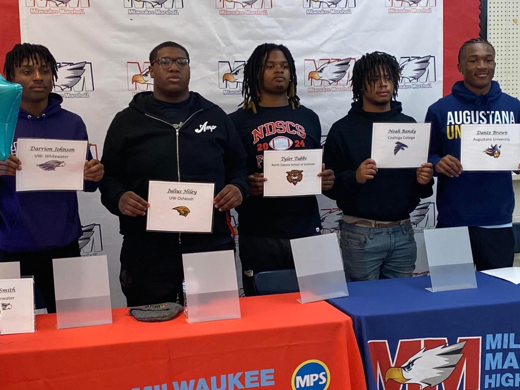 CoachDowery's tweet photo. 6 to college in year one.. 
7 to college in year two…
4 seniors (3 Football/ 1 Wrestling) going to school this year…
5 Academic All State Athletes apart of the Milwaukee Marshall Football program over the last three years. #RaisingTheBar https://t.co/7bxdhUSXdD