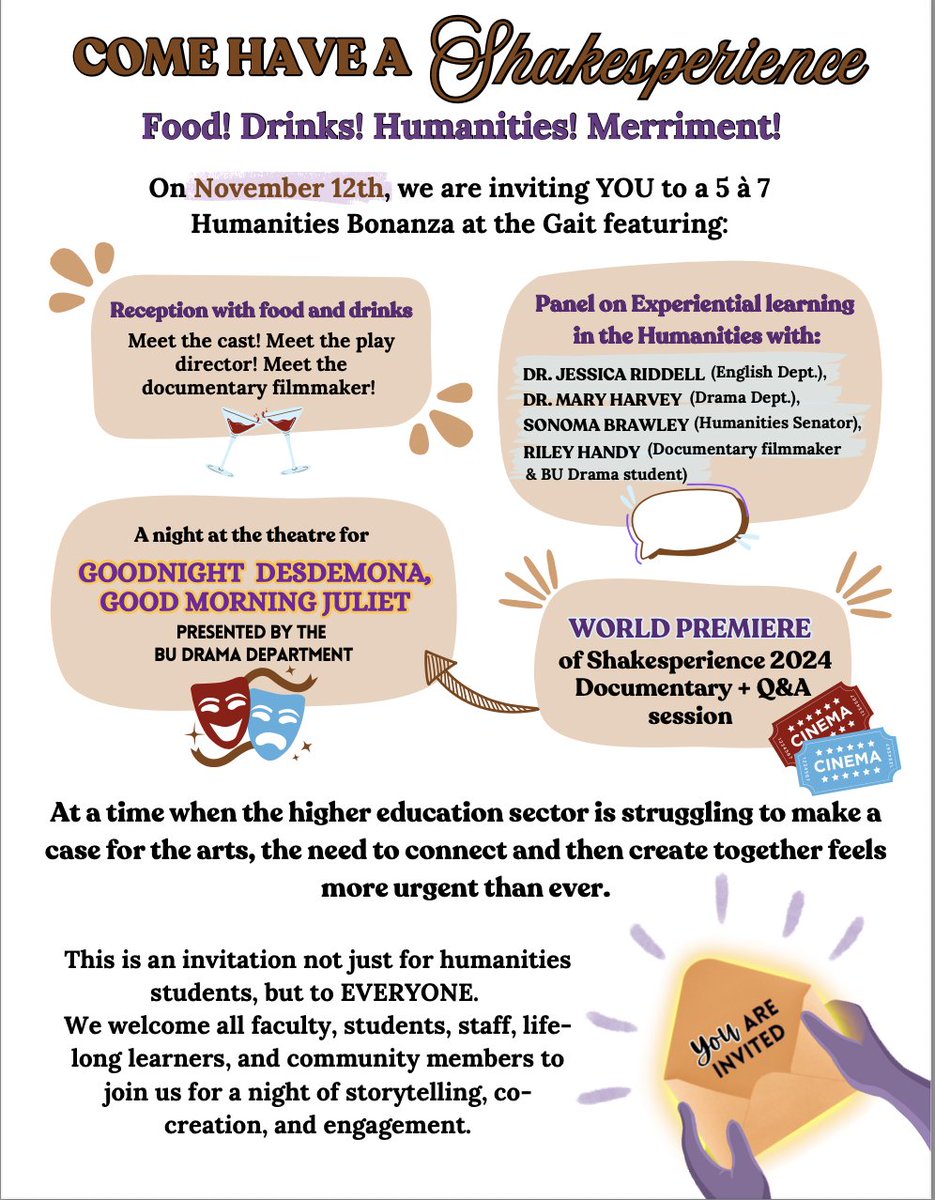 Today I am hosting a humanities bonanza b/c when despair feels monolithic, hope gets granular &amp; we create, build, illuminate, and delight. Tonight: the world premiere of a student-led documentary on Shakesperience, a panel on experiential learning in the humanities, and a play.