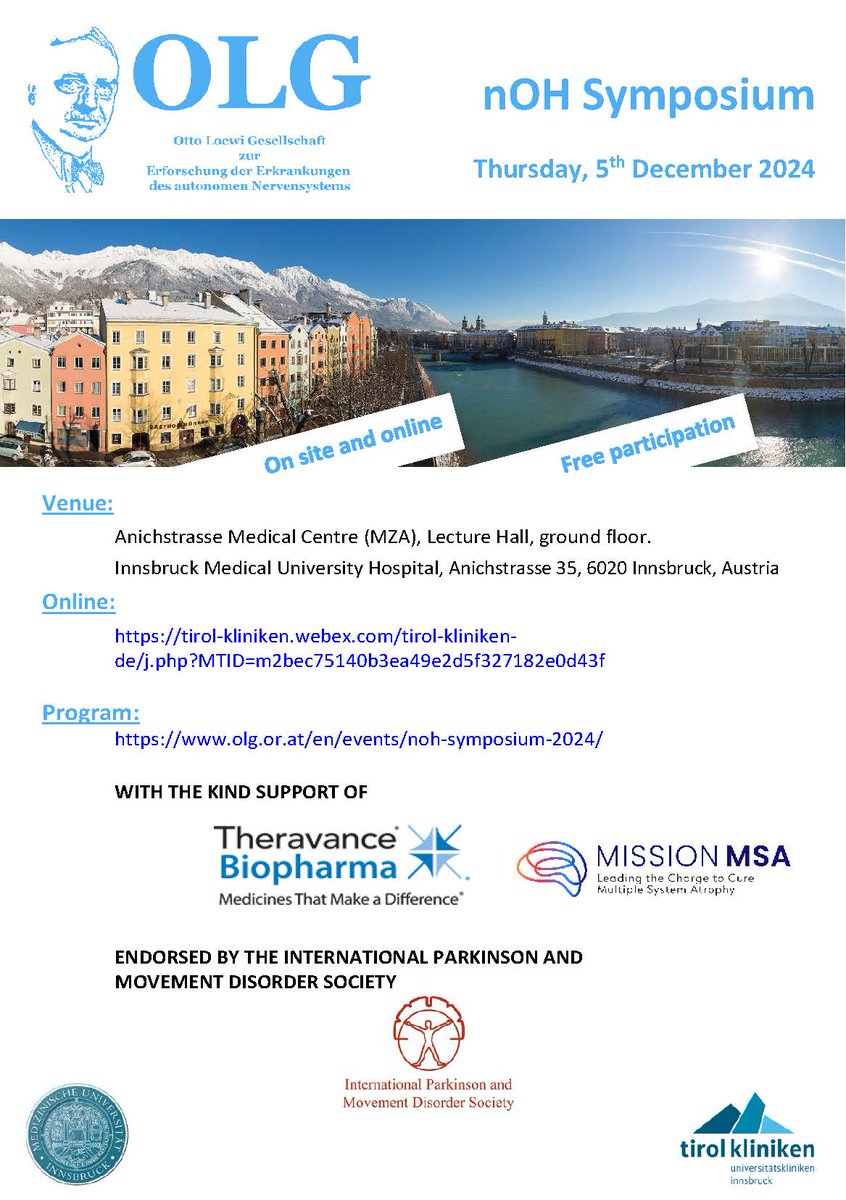 MissionMSA's tweet image. Tune in for the 2024 nOH #Symposium in honor of Gregor Wenning, happening both on-site and virtually! 🩺Dive into cutting-edge #research and #advancements in #nOH and #MSA with top #experts in the field.

#Learn more and reserve your spot today: olg.or.at/en/events/noh-…