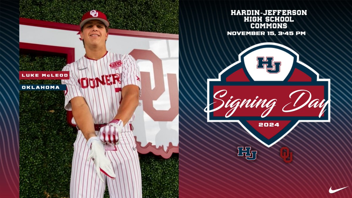 Join us this Friday, November 15th, at 3:45 PM in the Hardin-Jefferson High School commons as we celebrate Luke McLeod signing to play baseball at the University of Oklahoma!

Let's come together to support Luke as he takes this exciting step toward his future. #WeFlyTogether