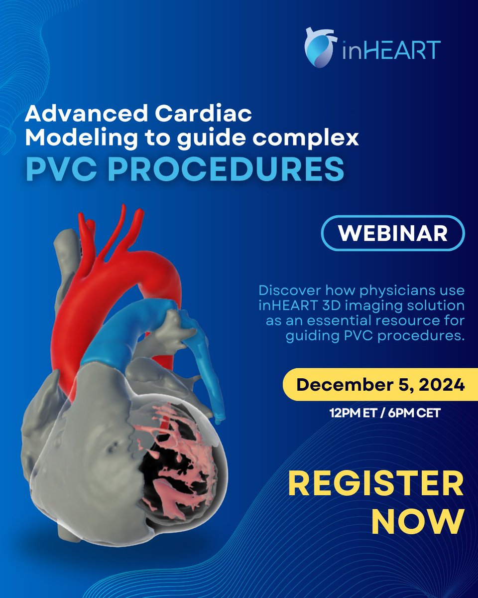 inHEART (@inheartmedical) on Twitter photo Thinking of transforming your approach to #PVC procedures? Join us on December 5 for an exclusive inHEART #webinar: "Advanced Cardiac Modeling to Guide Complex PVC Procedures" led by experienced <a href="/inHEART/">henry zhou</a> physician users. Whether you're a specialist in electrophysiology or a Thinking of transforming your approach to #PVC procedures? Join us on December 5 for an exclusive inHEART #webinar: "Advanced Cardiac Modeling to Guide Complex PVC Procedures" led by experienced <a href="/inHEART/">henry zhou</a> physician users. Whether you're a specialist in electrophysiology or a
