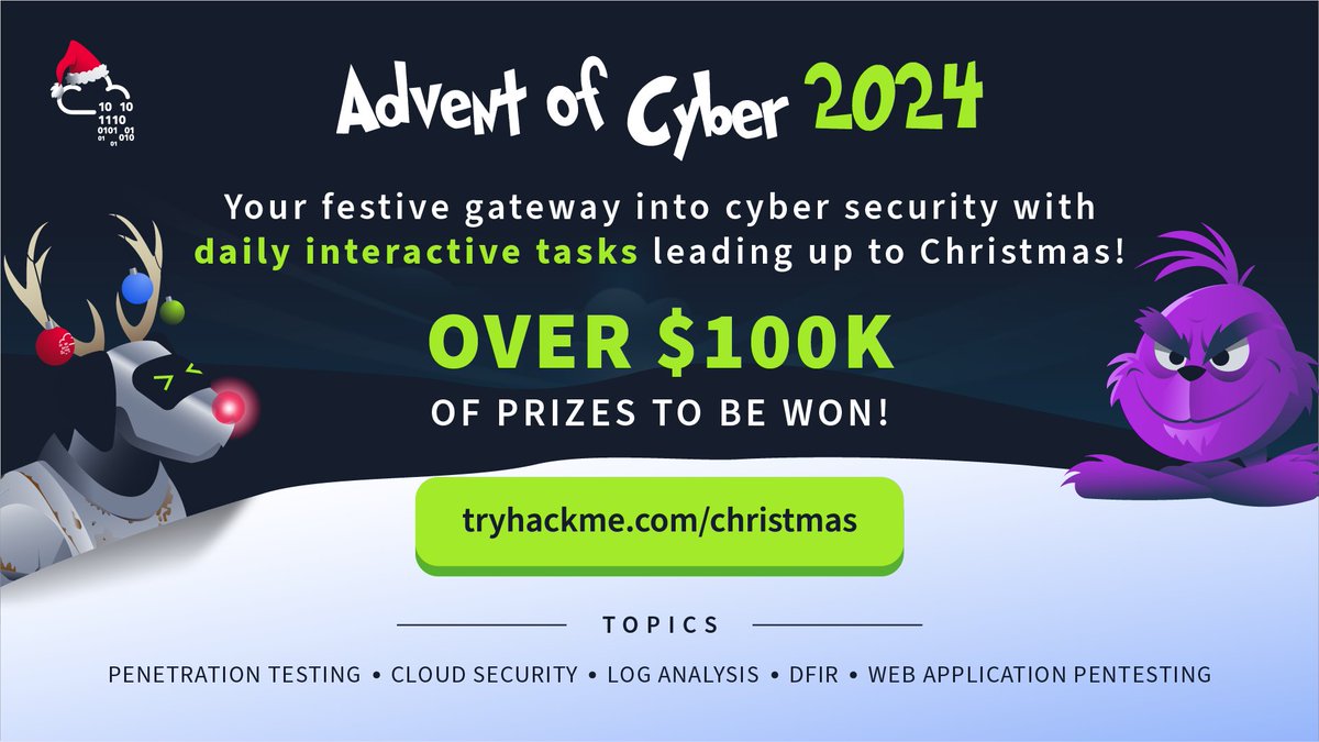 tryhackme's tweet image. Advent of Cyber: Win Over $100,000 in Prizes! 🎁🎄
🔗 tryhackme.com/r/christmas?ut…

Starting December 1st, dive into beginner-friendly, daily gamified cyber security challenges and kickstart your cyber career for FREE! Join McSkidy and the Glitch to defend SOC-mas from the notorious…