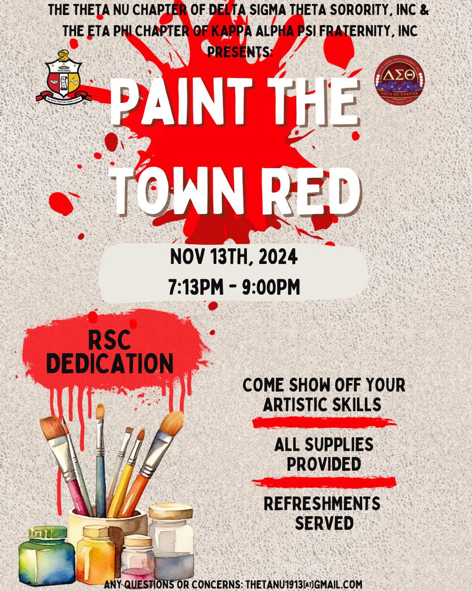 🎨 Paint The Town Red! 🌹 Join The Theta Nu Chapter of Delta Sigma Theta and The Eta Phi Chapter of Kappa Alpha Psi for a creative evening filled with art, fellowship, and refreshments! Unleash your inner artist, enjoy some snacks, and let’s make it a night to remember!

📅 Date: