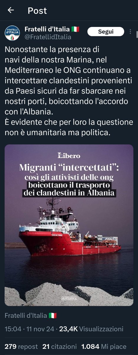 Fake news di FDI servita da Libero via Viminale
⛔️ Le ONG non hanno boicottato e tantomeno compromesso l'operazione Albania. A dirci del 'flop' sono i numeri della seconda missione Libra: andare ai fatti.

⚠️ Dal 4 al 6 novembre con le vedette della Guardia Costiera⚓️🇮🇹 a