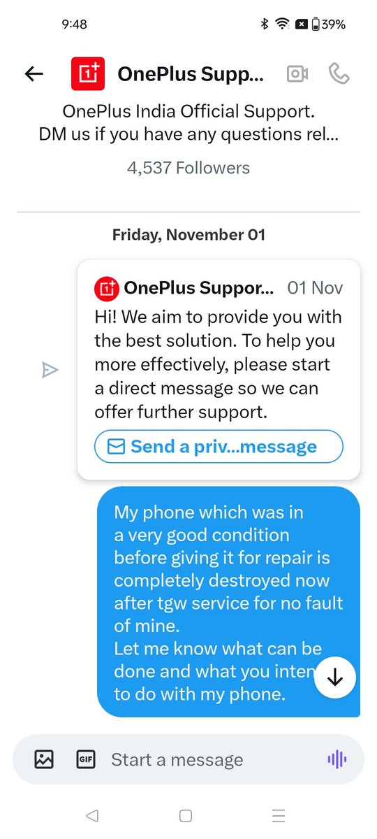 Krishna25687153's tweet image. @sbkhimani @OnePlus_IN @onepluscareIN @oneplus 
Your DM was received 4 days back saying your team would call me . I hv not received any call so far. 
#boycotoneplus