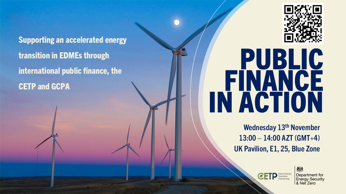 🌍 Exciting Event Alert! 🌍 
Join us tomorrow at the #UKPavilion from 1-2pm AZT for the 'Public Finance in Action' event. Hear from #CETP members as the #CETPActionPlan is launched! 💡🔋
Live-stream is here: lnkd.in/eR47ryQy