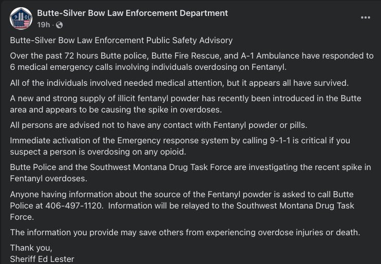 B-SB Police confirms 6 medical emergencies involving Fentanyl in 72 HOURS! <a href="/HealthBsb/">BSB Health Department</a> reminds residents they have FREE Narcan available for anyone and everyone w/ free Narcan Administration classes on Nov 21 at 10am &amp; 2pm. Call 406-497-5087 for more info. #publichealth #fentanyl