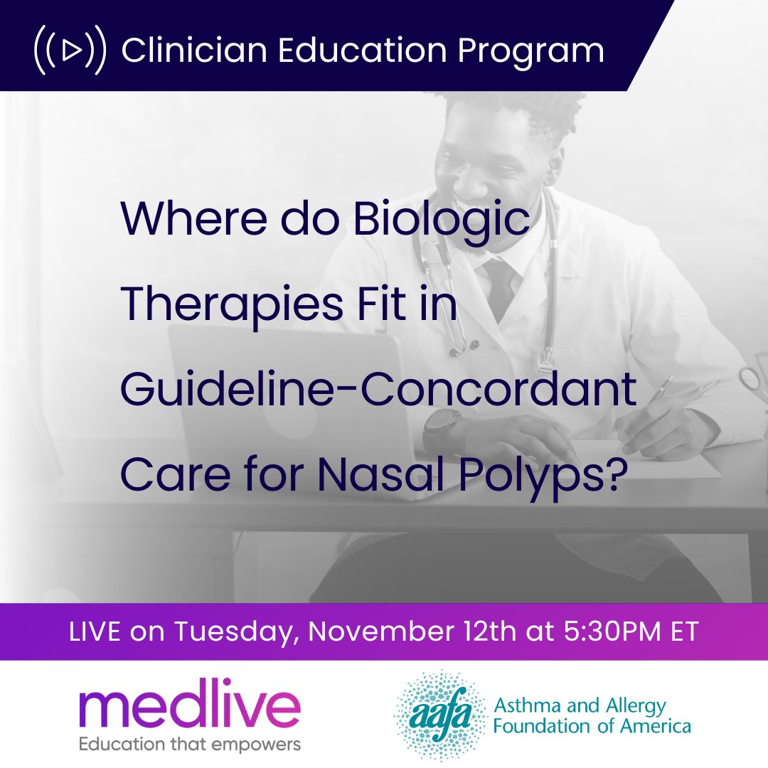 medliveofficial's tweet photo. 📣 See you at 5:30 PM ET!
Join this #CME session on chronic #rhinosinusitis with #NasalPolyposis (#CRSwNP) 👏 Join us & @AAFANational as @EileenWang10, MD, MPH & Joseph K. Han, MD discuss the place of #BiologicTherapy in current treatment guidelines! 🩺👉 https://t.co/QaxGxi4iAf https://t.co/YM9i6WpRon