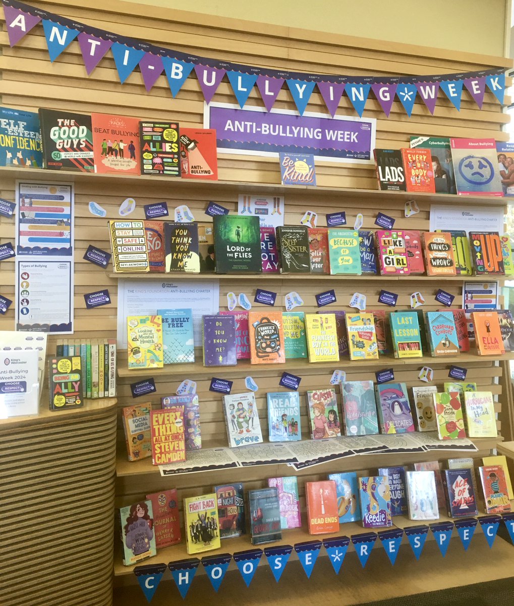 KSWLibrary's tweet image. Starting today, we have four busy days in school with activities and events marking #AntiBullyingWeek In the Library we have a packed display and a brand new Anti-Bullying reading list! #ChooseRespect @AntilbullyingAll @ABAonline