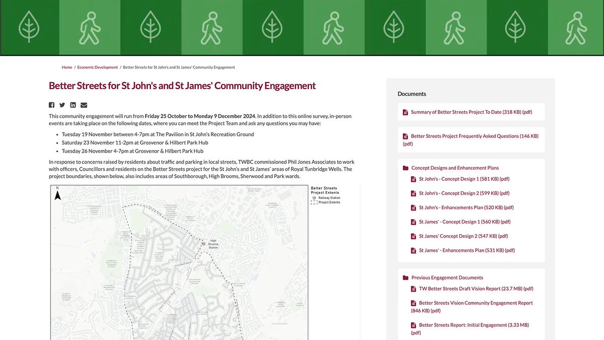 The latest Better Streets community engagement programme is open for consultation with <a href="/TWellsCouncil/">TWBC</a>. Two concept designs are shared for St John's and St James, with feedback sought via a survey, and 3x public drop-in sessions 19th, 23rd &amp; 26th November.…inttunbridgewells.uk.engagementhq.com/better-streets…