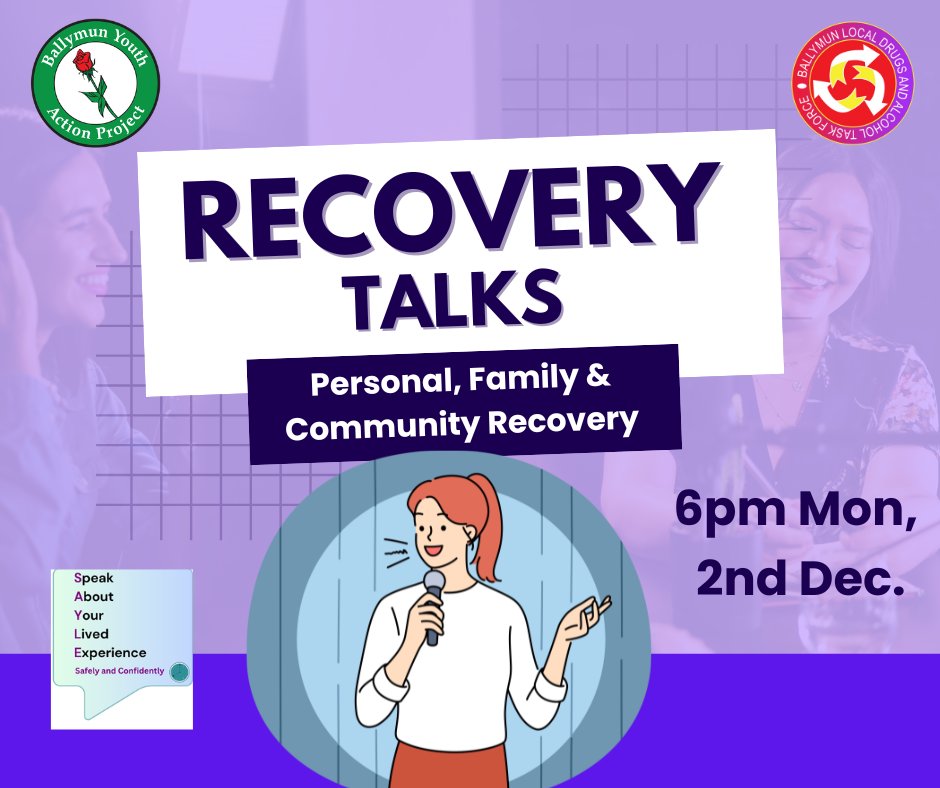 We recorded the very powerful "Recovery Talks" event held recently in The Axis and are delighted to be able to screen the stories for those who wish to see it once more or those who may have missed it on the night. Please contact Naomi or Sandra to confirm your place 01 846 7980