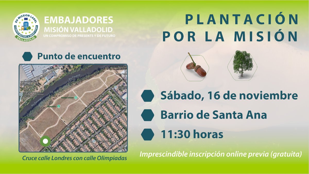 🌳 ¡Únete a la #plantación por la #misionvalladolid y ayuda a crear un bosque urbano en Valladolid! 🌳

📅 16 de noviembre
📍 Barrio Santa Ana
⏰ 11:30h

🌱Participa y pon una semilla por el futuro 
👉 Inscríbete aquí: forms.office.com/e/ahrUGRpSHP?o…