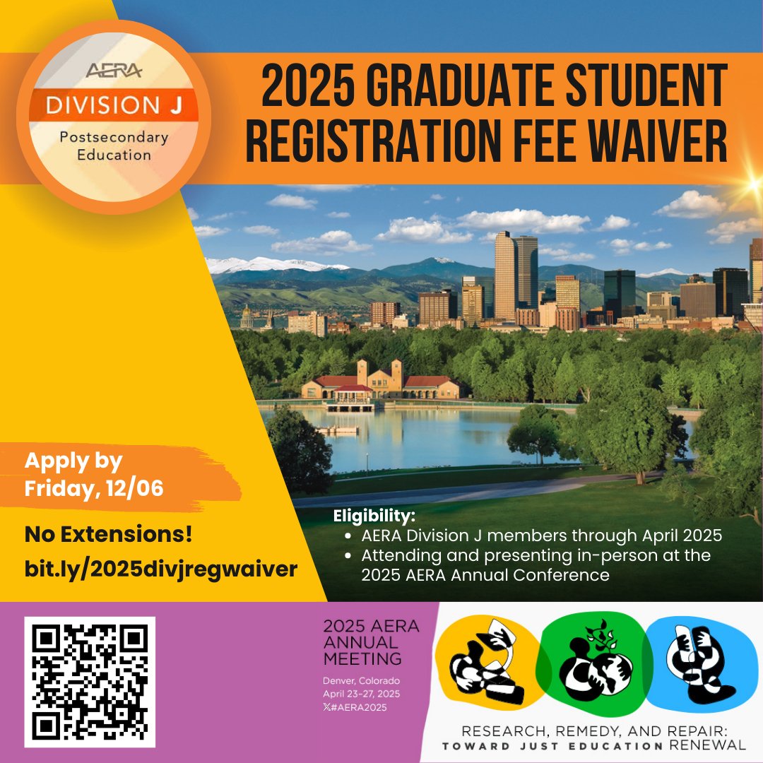 Div J Grad Network (@aeradivjgradnet) on Twitter photo Are you a grad student wanting to present/attend #AERA2025? Apply for a <a href="/AERADiv_J/">AERA Division J</a> Conference Registration Fee Waiver!
Eligibility:
✅ Division J member through April 2025
✅ Attending & presenting in-person at AERA 2025 Are you a grad student wanting to present/attend #AERA2025? Apply for a <a href="/AERADiv_J/">AERA Division J</a> Conference Registration Fee Waiver!
Eligibility:
✅ Division J member through April 2025
✅ Attending & presenting in-person at AERA 2025