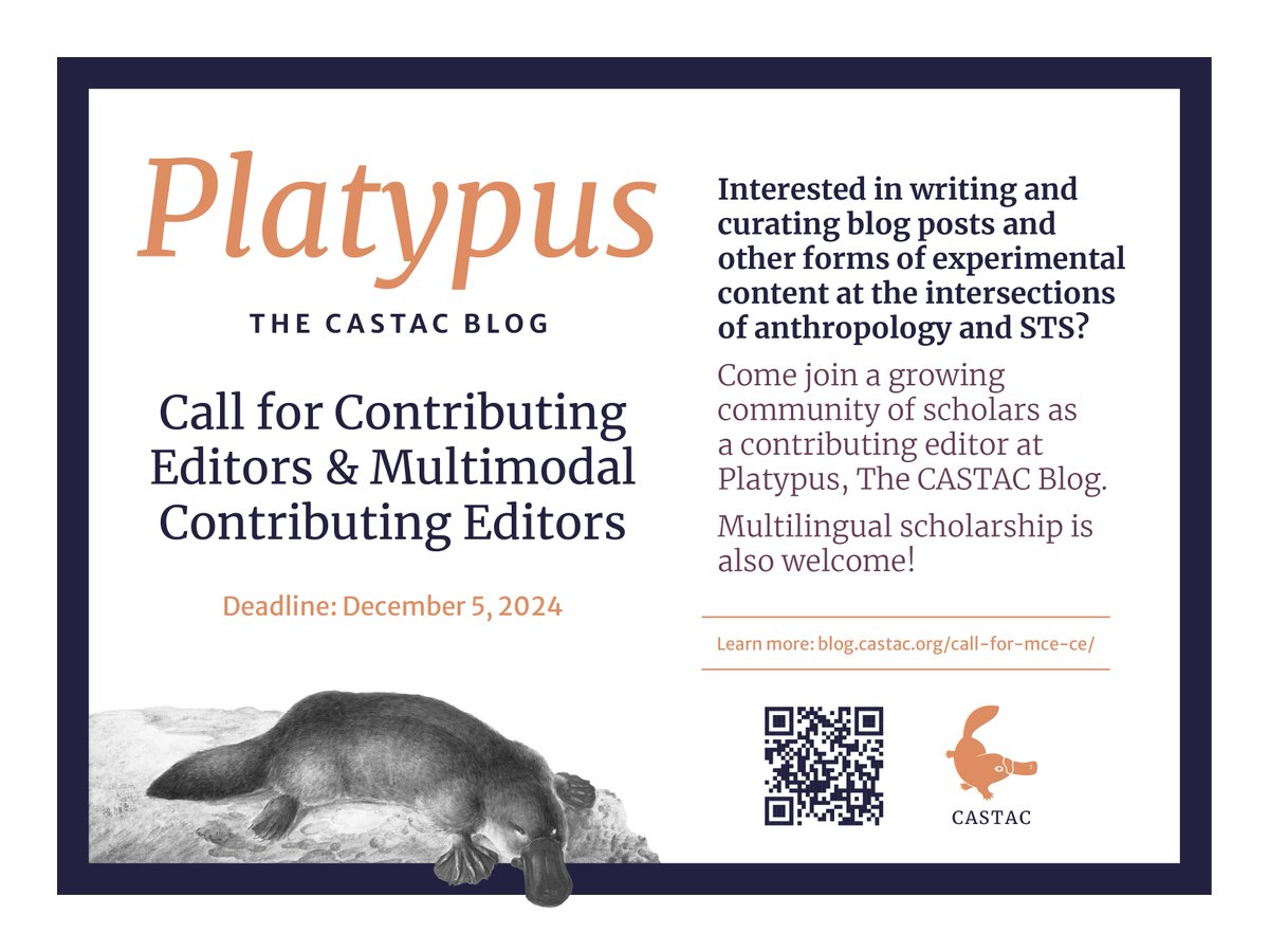 Come work with us!!

We're searching for a new team of Contributing and Multimodal Editors to write, create, curate, and edit pieces for Platypus, the CASTAC blog.

Applications (CV &amp; cover letter) due December 5

More info: blog.castac.org/call-for-mce-c…

Please share widely!📩