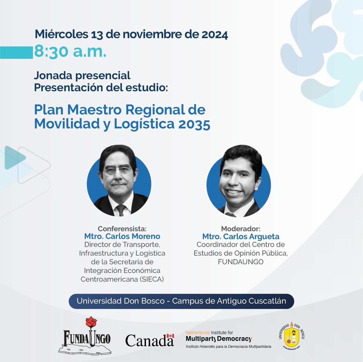 #LSPP2024 | Asista a nuestra jornada presencial del miércoles 13 de noviembre.

8:30 a.m. | Presentación del estudio: “Plan Maestro Regional de Movilidad y Logística 2035”, presentado por el Mtro. Carlos Alberto Moreno Carmona, Director de Transporte, Infraestructura y Logística