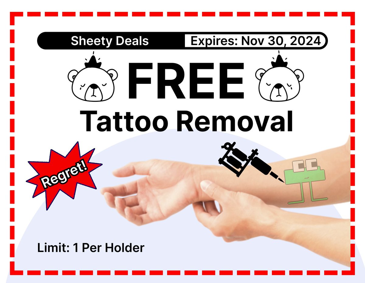Have regret from last week's Sheety Deal? We've got you covered with a FREE tattoo removal!

ETH Address: 0xd39263E30094993969415F68cB11e6666b7B2771 Requirement: Any Sheet Head 
Expiration Date: November 30th, 2024 
Max Claims: 1