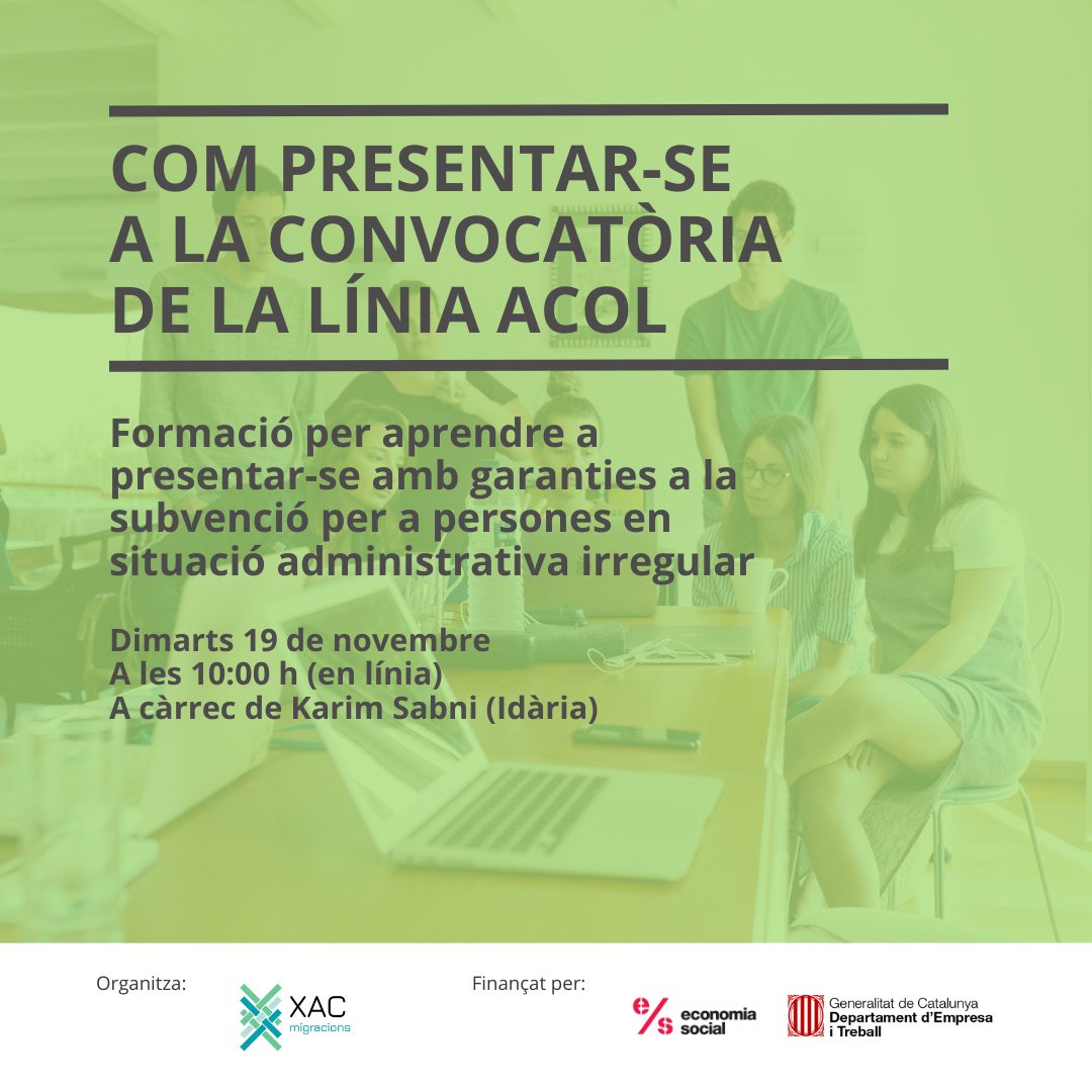 ateneucoopvor's tweet photo. 📢 Atenció! Formació per presentar-se a la línia de subvencions #ACOL per a la regularització de persones migrades en situació administrativa irregular!
📆 19 de novembre
⌚️ A les 10h
💻 Formació en línia
✍️ Inscripcions a: https://t.co/logVRSlUIq https://t.co/lLraMoXgD9