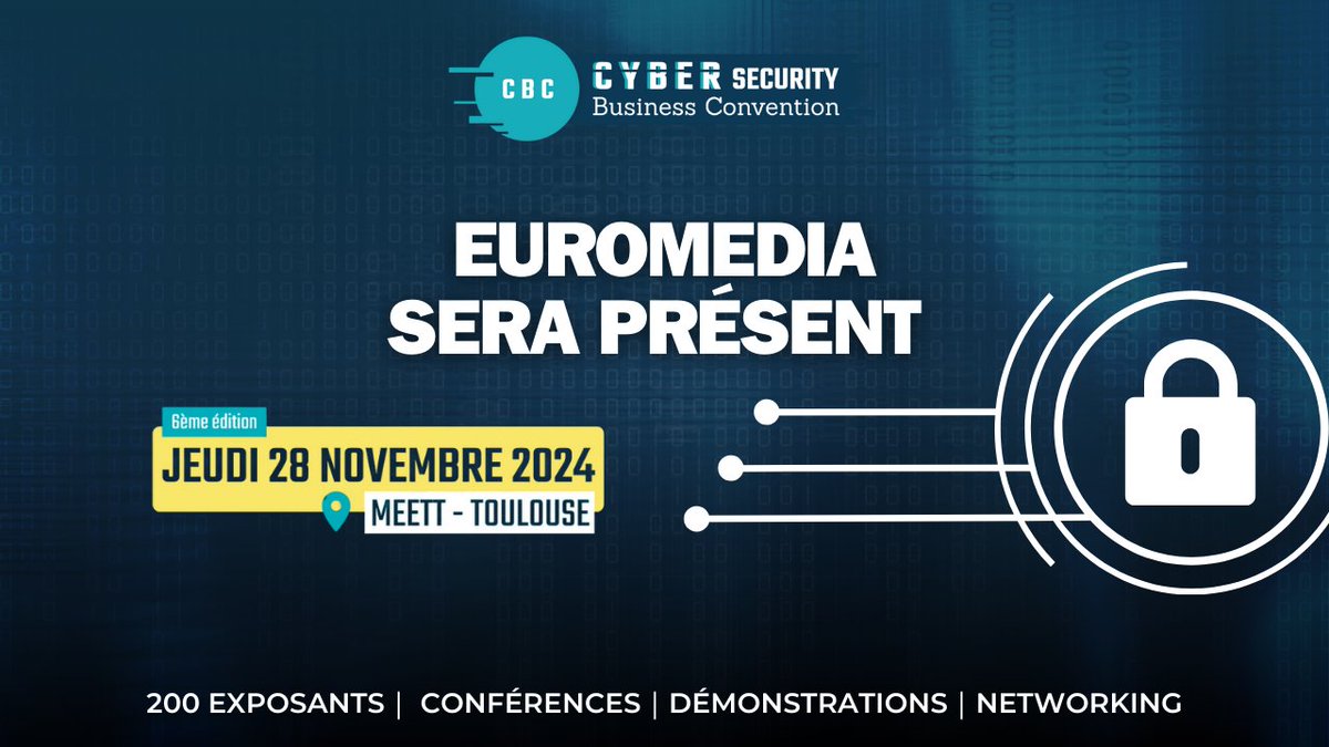 🔔 J-16 🔔Notre équipe spécialiste de la cybersécurité <a href="/EuromediaFr/">Euromedia</a> vous accueillera aux côtés de ses partenaires <a href="/UcopiaFR/">Ucopia France</a> , <a href="/WithSecure_FR/">WithSecure France</a> et <a href="/HuaweiFr/">Huawei France</a>, le 28 novembre au #salonCBC au MEETT de Toulouse.

📢 Obtenez votre badge d'accès dès maintenant : bit.ly/3A3Xm7C