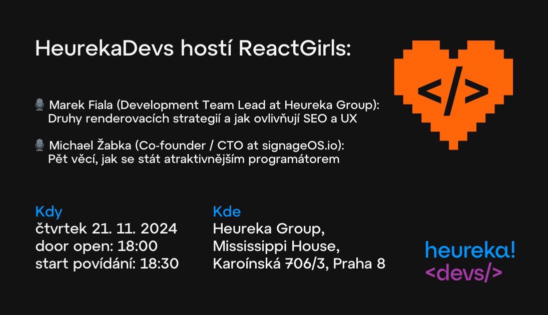 HeurekaDevs (@heurekadevs) on Twitter photo Ve čtvrtek 21. 11. hostíme <a href="/ReactGirlsPraha/">ReactGirlsPrague</a> #meetup. Už jste se registrovali? 👉🏻meetup.com/reactgirls/eve…
Náš Marek Fiala bude mluvit o (ne)výhodách různých renderovacích strategií a jejich dopadu na UX a SEO. Vidíme se? Ve čtvrtek 21. 11. hostíme <a href="/ReactGirlsPraha/">ReactGirlsPrague</a> #meetup. Už jste se registrovali? 👉🏻meetup.com/reactgirls/eve…
Náš Marek Fiala bude mluvit o (ne)výhodách různých renderovacích strategií a jejich dopadu na UX a SEO. Vidíme se?