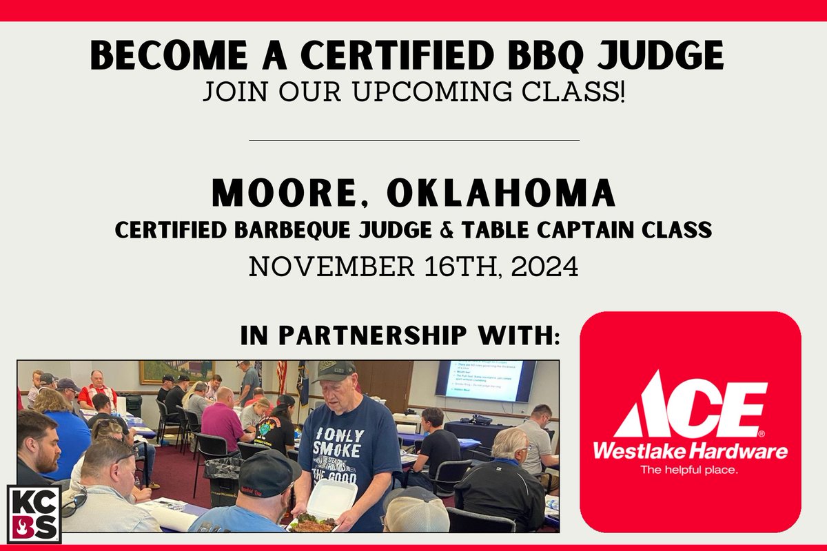 Kansas City Barbeque Society (@kcbbqsociety) on Twitter photo Last chance to sign up for the Moore, Oklahoma Certified Barbeque Judge and Table Captain Class! Registration for the class closes November 13th. The class will be held on November 16th, in partnership with <a href="/WestlakeAce/">Westlake Hardware</a> -- Register here: mms.kcbs.us/members/evr/re… Last chance to sign up for the Moore, Oklahoma Certified Barbeque Judge and Table Captain Class! Registration for the class closes November 13th. The class will be held on November 16th, in partnership with <a href="/WestlakeAce/">Westlake Hardware</a> -- Register here: mms.kcbs.us/members/evr/re…