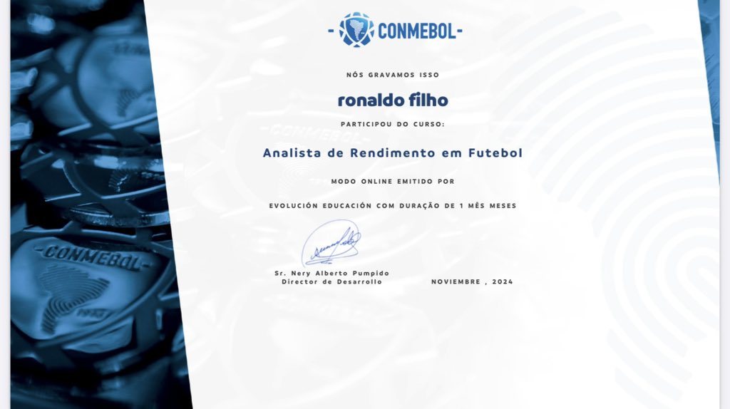 R_Sambinelli's tweet photo. Muito bom completar mais um curso na área de análise de desempenho.
Esse o da Conmebol.
Me ajuda muito a profissionalizar para atender atletas e indicar jogadores. https://t.co/yGzIcGIF9f