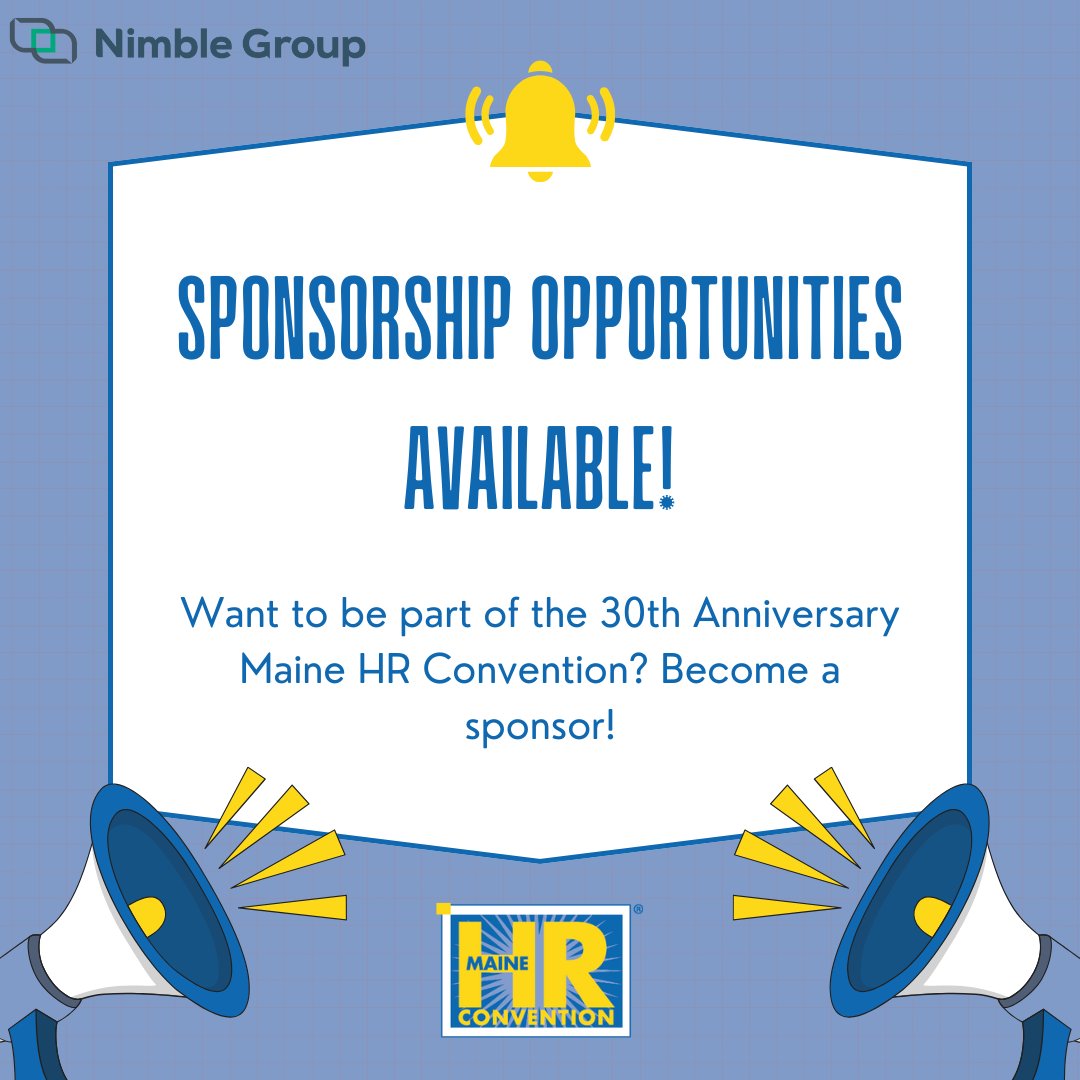 Nimble Group, LLC. (@nimblegroupllc) on Twitter photo Want to market your services to hundreds of Human Resources professionals in Maine? Become a sponsor at the 30th Anniversary Maine HR Convention! Email Brittany@nimblegroup.co to set up a meeting and discuss available opportunities. #MEHRC25 Want to market your services to hundreds of Human Resources professionals in Maine? Become a sponsor at the 30th Anniversary Maine HR Convention! Email Brittany@nimblegroup.co to set up a meeting and discuss available opportunities. #MEHRC25