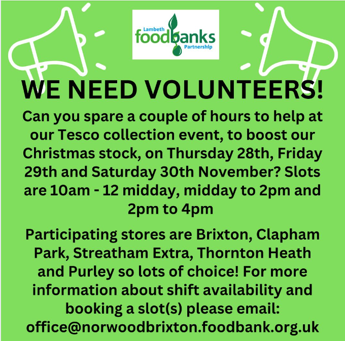 BrixtonFoodbank's tweet photo. Can you help? We need volunteers for our Christmas donation drive @Tesco stores around South London.

If you can spare 2 hours to help us collect donations in one of the stores on 28th, 29th or 30th November please get in touch with us office@norwoodbrixton.org.uk https://t.co/ROYQyFEHvy