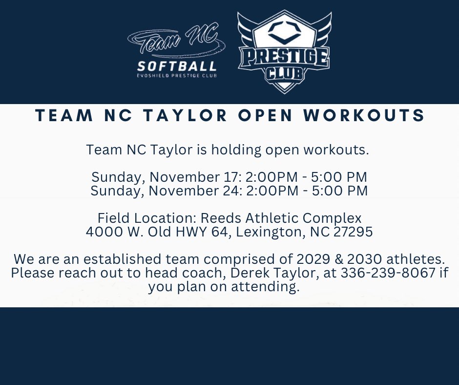 Team NC Taylor will be holding open workouts. Please see below as we will offer two different dates for open workouts. Please contact head coach, Derek Taylor, if you plan on attending.#teamnctaylor #TeamNC <a href="/TeamNCSoftball/">Team North Carolina Softball</a>