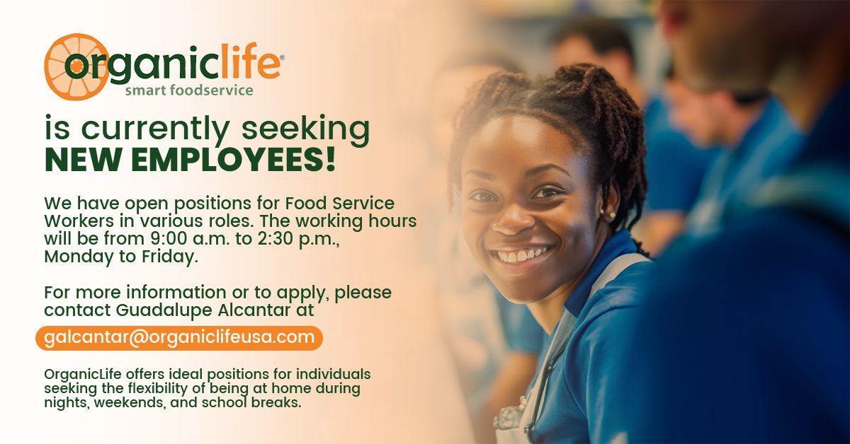 Looking for a flexible job that lets you enjoy nights, weekends, and school breaks at home? Join OrganicLife as a food service worker! Apply today and be part of a team that values work-life balance. #OrganicLife #Hiring #FoodServiceJobs #FlexibleSchedule #JoinOurTeam