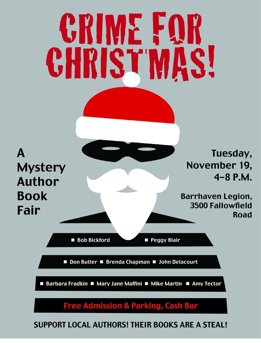 ButlerDon's tweet photo. One week from today, I and eight other Ottawa mystery authors will gather at the @RoyalCdnLegion
in Barrhaven for a book fair called Crime for Christmas. There'll be treats, a cash bar and the chance to support local writers and make a dent in your Christmas list! https://t.co/TGvIYbX2sC