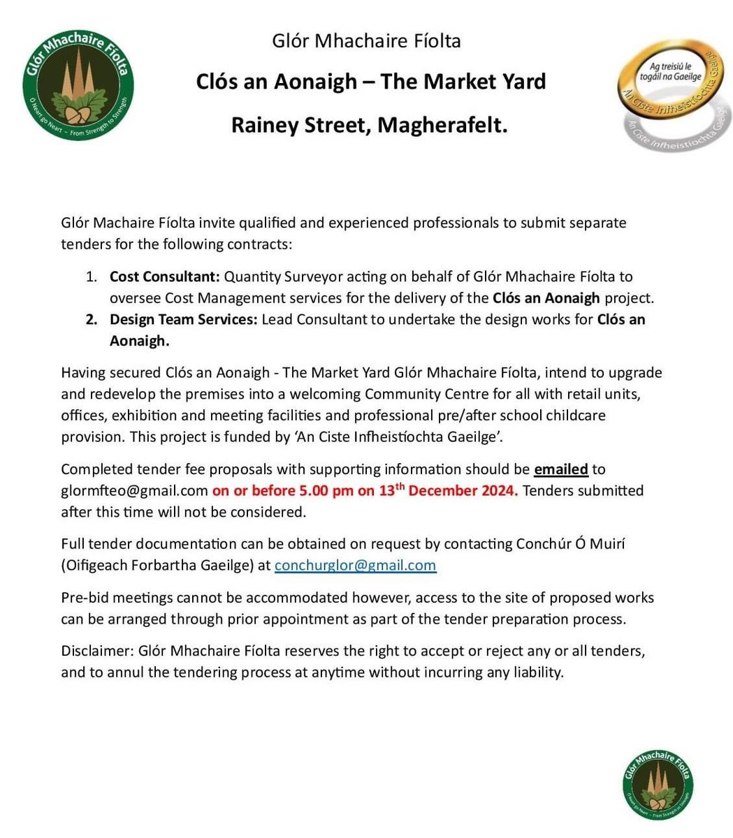 glormfiolta's tweet photo. Cuireadh Chun Tairsceana - Invitation To Tender
Glór Mhachaire Fíolta requires the services of a suitably qualified and experienced professional to provide Quantity Surveyor services as part of our new cultural centre renovation project, Clós an Aonaigh - The Market Yard . https://t.co/rCY9wffMt0