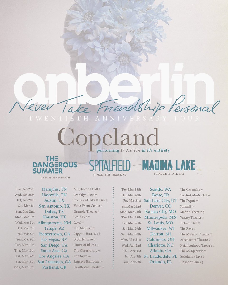 anberlin's tweet photo. We’re celebrating 20 years of Friendship and we couldn’t be more stoked to play one of our favorite albums front to back in some our favorite cities in the US. Let’s PARTY! VIP on sale Wednesday at 10am local. Tickets on sale Friday at 10am local. https://t.co/2hmzbtJGsc