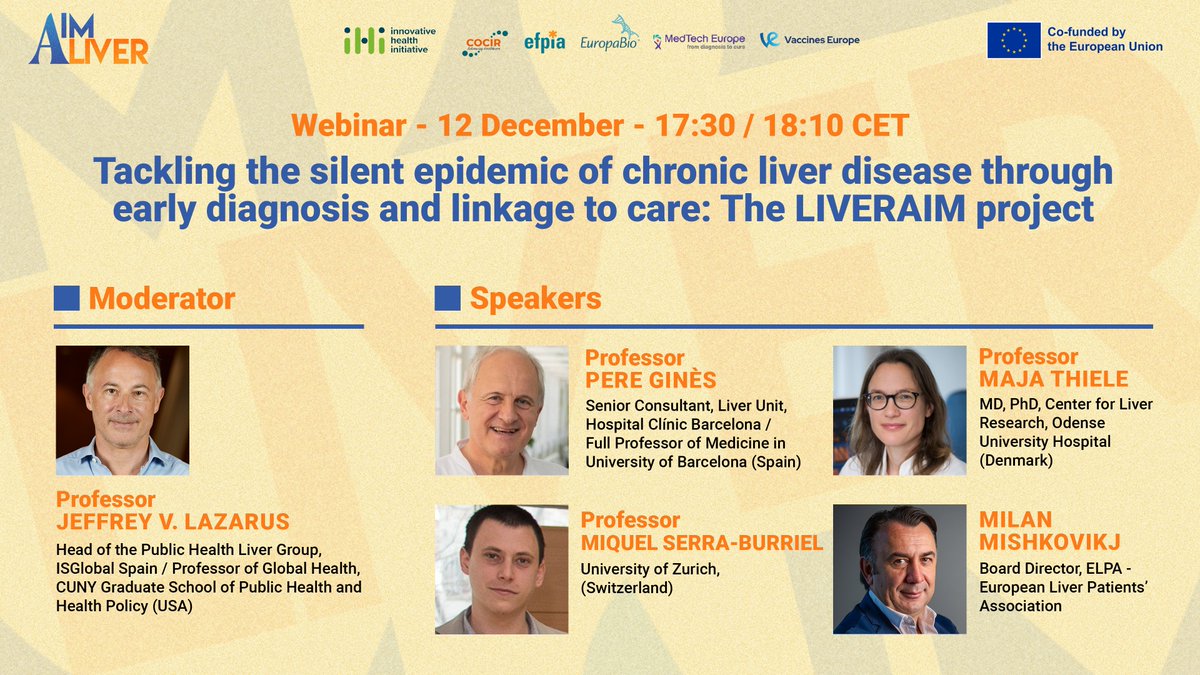 LiverAim (@liveraim) on Twitter photo Join us and learn how the <a href="/LiverAim/">LiverAim</a> project aims to combat the burden of chronic liver disease: early diagnosis and efficient linkage to care!
🗓️:12th Dec 17:30-18:15 CET
Register for the webinar! t.ly/yZTI8
<a href="/IHIEurope/">Innovative Health Initiative</a> <a href="/idibaps/">IDIBAPS</a> <a href="/EASLnews/">EASLnews</a> <a href="/EuropeLiver/">European Liver Patients' Association</a> <a href="/NASH_AWARE/">NASH AWARE</a> Join us and learn how the <a href="/LiverAim/">LiverAim</a> project aims to combat the burden of chronic liver disease: early diagnosis and efficient linkage to care!
🗓️:12th Dec 17:30-18:15 CET
Register for the webinar! t.ly/yZTI8
<a href="/IHIEurope/">Innovative Health Initiative</a> <a href="/idibaps/">IDIBAPS</a> <a href="/EASLnews/">EASLnews</a> <a href="/EuropeLiver/">European Liver Patients' Association</a> <a href="/NASH_AWARE/">NASH AWARE</a>