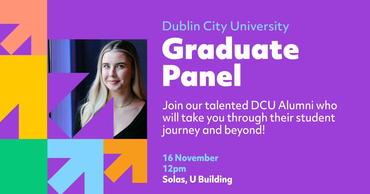 DCU's tweet photo. On Saturday, Nov 16th, at 12pm, in the Solas, U Building, we will be hosting a panel of talented @DCUAlumni as they take us through their DCU journeys and beyond! The panel will be moderated by DCU Alumna, Dr Claire O’Connell @claireoconnell. Register: https://t.co/uKxcZVyu1S https://t.co/TpzYgqm7R9