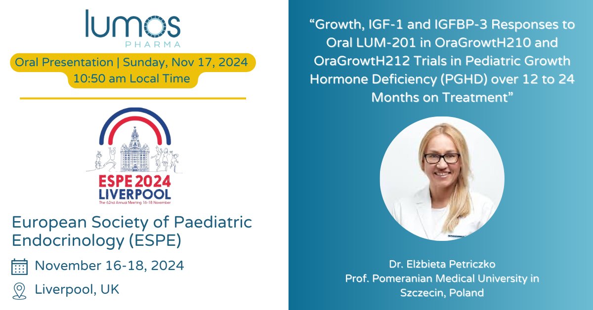Lumos_Pharma's tweet photo. At ESPE 2024, hear Dr Elzbieta Petrizcko  on Nov 17 speak about LUM-201’s sustained durability data in Pediatric Growth Hormone Deficiency  #ChildGHD $LUMO #ESPE2024 https://t.co/BXTZYilQN7 https://t.co/gCl0m07HKc