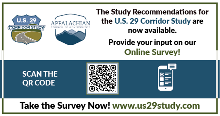 NEW SURVEY DROP! A new survey is available to get your feedback on the Recommended Improvements for the U.S. 29 Corridor Study. Scan the QR code now to let us know which intersections should be prioritized.