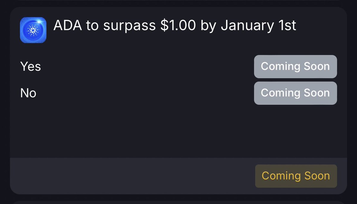 Next markets 🏪 💰 Will ADA reach $1 by January 1st? 💰 Will BTC reach $100k  by January 1st? What else would you like to see?