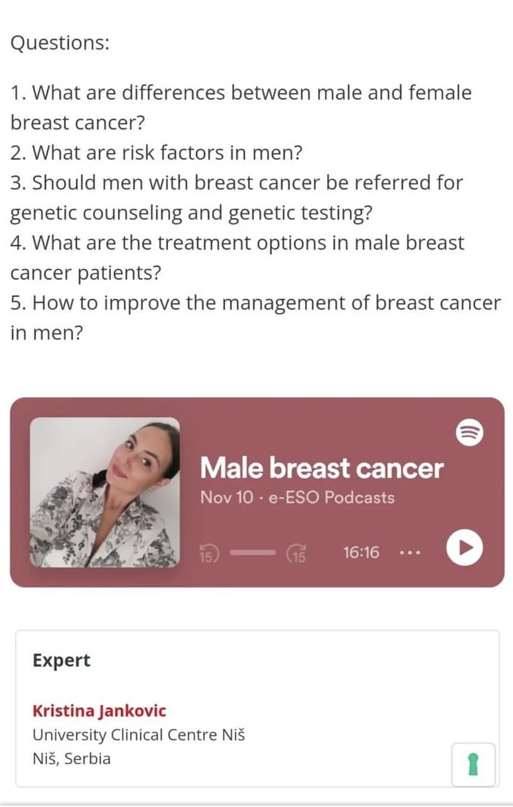 JankovicK's tweet photo. ๐ It was my great honor and pleasure to record this podcast about #MaleBreastCancer ๐ง๐ปโโ๏ธ in cooperation with @ESOncology
๐ The podcast can be listened on Spotify platformโฌ๏ธโฌ๏ธโฌ๏ธ
https://t.co/PTtiFNqJd1
#ESOexperience #MensHealthAwarenessMonth #Movember #MEDTwitter @oncodaily https://t.co/fkWI3Mt8q2
