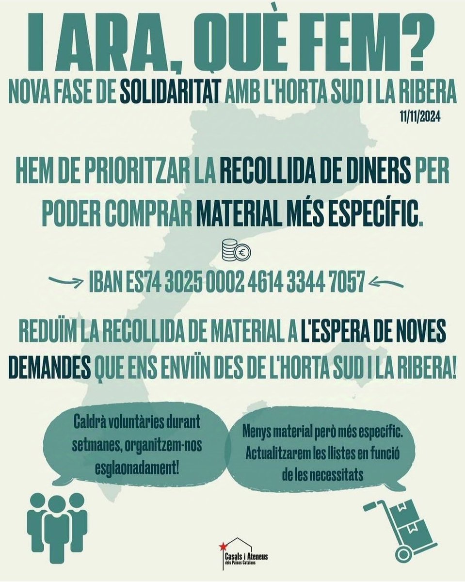 Da Rede de Centros Sociais Galegos difundimos e animamos a colaborar economicamente coa campanha solidária com as afectadas pola DINA no País Valenciá q estám a levar avante os Casals i Ateneus del Països Catalans com Suport Mutuo DANA.
Avante coa solidariedade internacionalista!