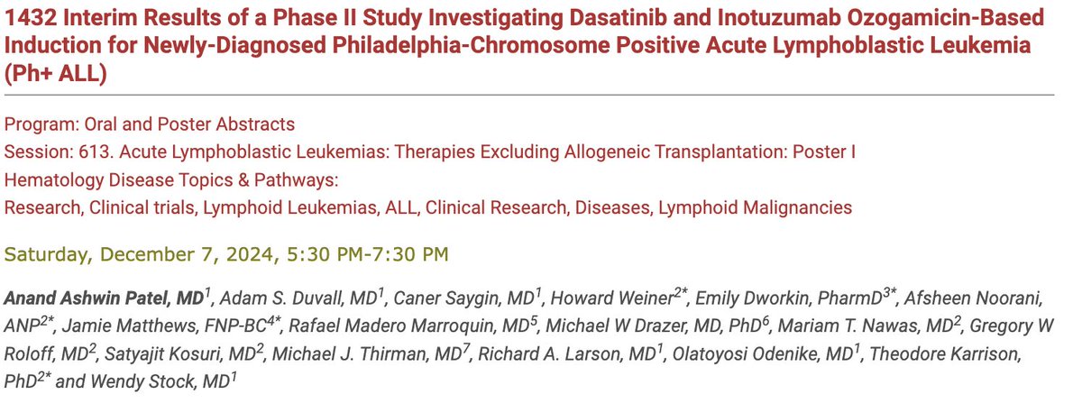 Anand_88_Patel's tweet image. Very excited to share interim results of our IIT looking at TKI + Inotuzumab in newly-diagnosed Ph+ ALL at #ASH24! We found high rates of molecular remission & improved toxicity profile with separating dasatinib & InO cycles @DrWendyStock
ash.confex.com/ash/2024/webpr…