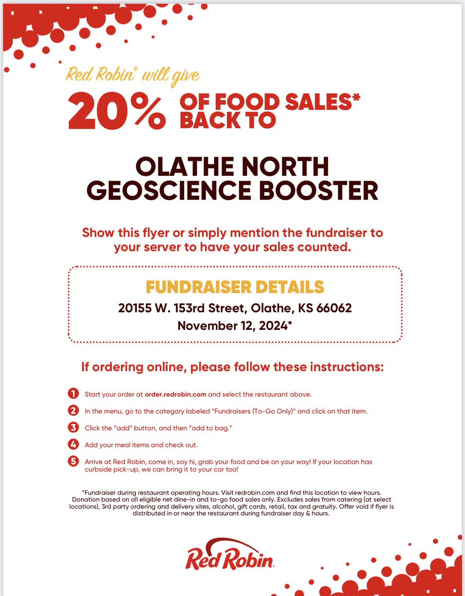 Geoscience Academy (@olathegeo) on Twitter photo Need a good spot to take your team out to lunch today? Don’t feel like planning dinner tonight? Stop by the Olathe Red Robin for some yummy eats and help Geo raise money for our Wyoming trip! Be sure to share the flyer with all of your friends and family! <a href="/Olathe21st/">21stCenturyAcademies</a> Need a good spot to take your team out to lunch today? Don’t feel like planning dinner tonight? Stop by the Olathe Red Robin for some yummy eats and help Geo raise money for our Wyoming trip! Be sure to share the flyer with all of your friends and family! <a href="/Olathe21st/">21stCenturyAcademies</a>