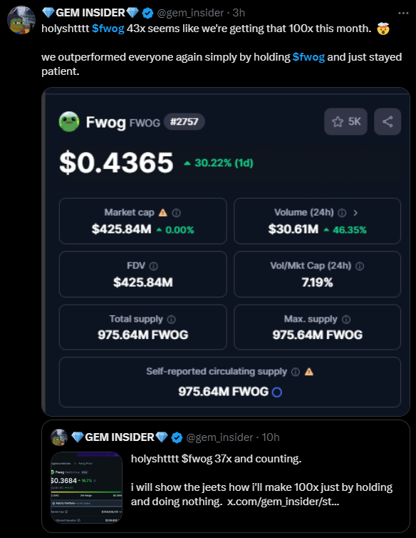 🚨 ARE YOU STILL FADING INSIDER ANON??

$ACT 30x in 8 days
$FWOG 61x in 80 days
$KASPER 240x in 37 days
$GHOAD 167x in 38 days
#SPX6900 47x in 27 days
$NACHO 43x in 35 days
$NEIRO 92x in 10 days
$AURA 24x in 5 weeks

Comment + repost if you want the next 10x play.