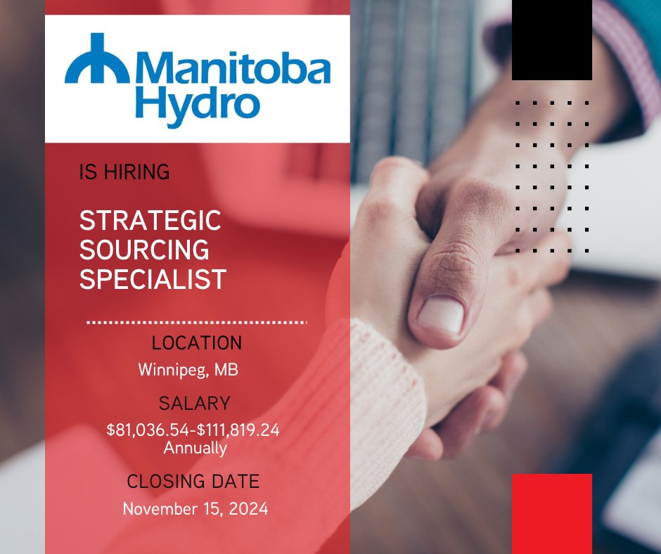 📢#SupplyChainJob Posting Alert! <a href="/manitobahydro/">Manitoba Hydro</a> is hiring a STRATEGIC SOURCING SPECIALIST. 📅 Closing date on November 15, 2024.  📋 Job Details &amp; Application: ow.ly/K6GS50U5jb4 #SouringSpecialist #WorkinginWinnipeg